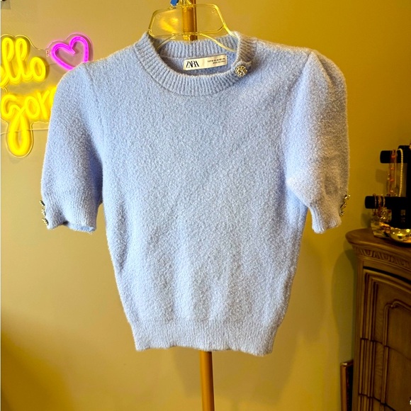 Zara Tops - Zara Sky Blue Knit Top with Button Detail